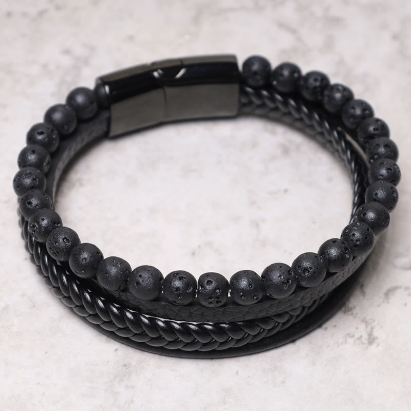 Buddha Stones, natürliches Lavagestein, schwarzes Onyx-Perlen-Lederarmband