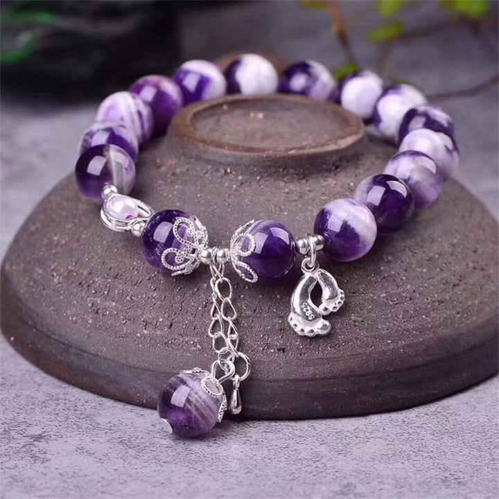 Buddha Stones Armband mit Anhänger aus 925er-Sterlingsilber, natürlicher Amethyst, heilende Füße, Liebesherz