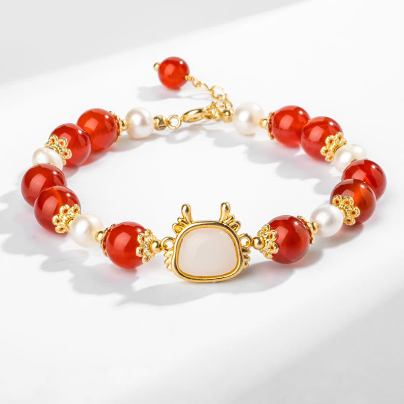 Buddha Stones 14K vergoldetes Jahr des Drachen natürliches rotes Achat-Perlenschutz-Fu-Charakter-Kettenarmband