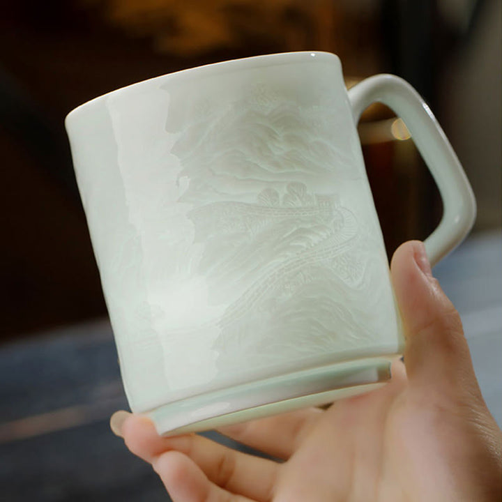 Buddha Stones, Jingdezhen, Weiß Porzellan, handgefertigt, große Mauer, Landschaft, gravierte Keramik-Teetasse, Bürobecher, Teetassen