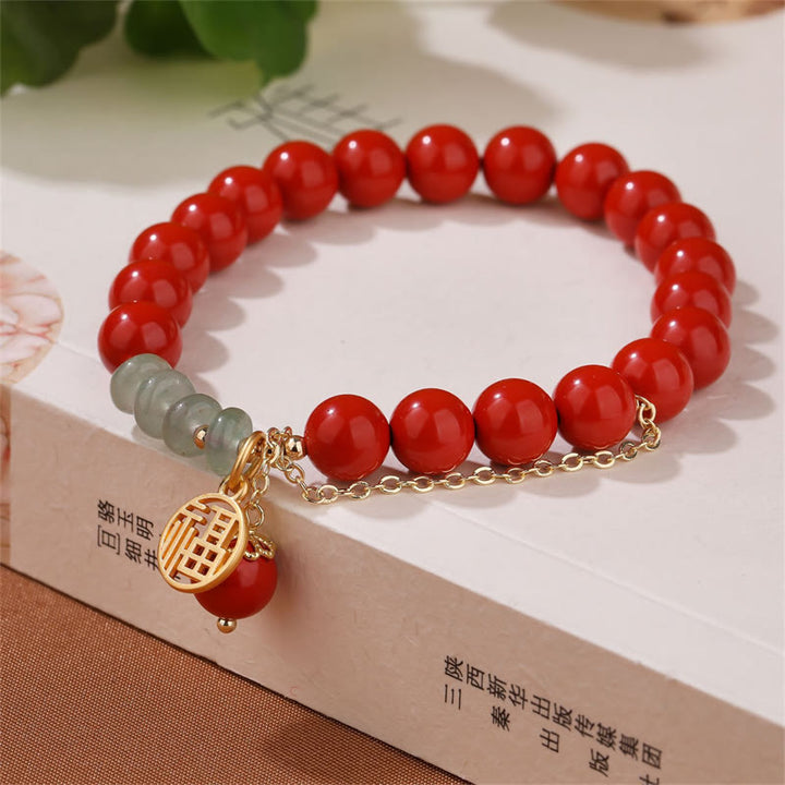 Buddha Stones Cinnabar Auspicious Fu Character Jade Calm Armband