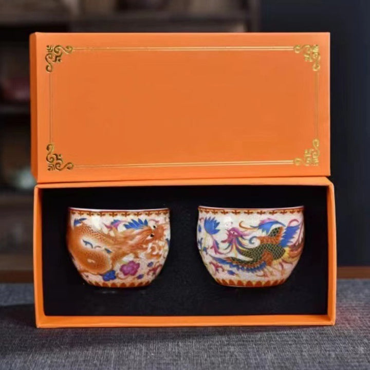 Buddha Stones 2 Stück Drachen-Phoenix-Teetasse aus Keramik, Kung-Fu-Teetassen