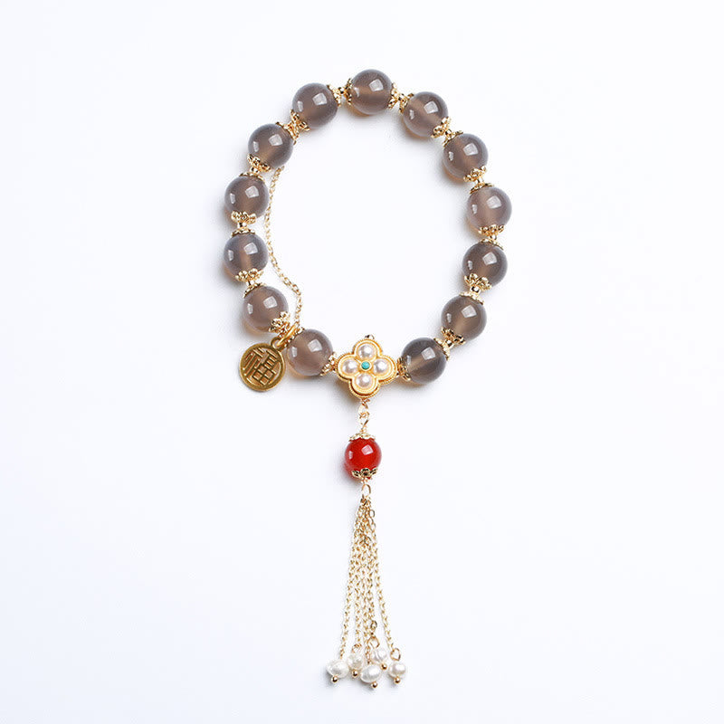 Buddha Stones natürliches graues Achat-Fu-Charakter-Perlen-Quasten-Balance-Armband