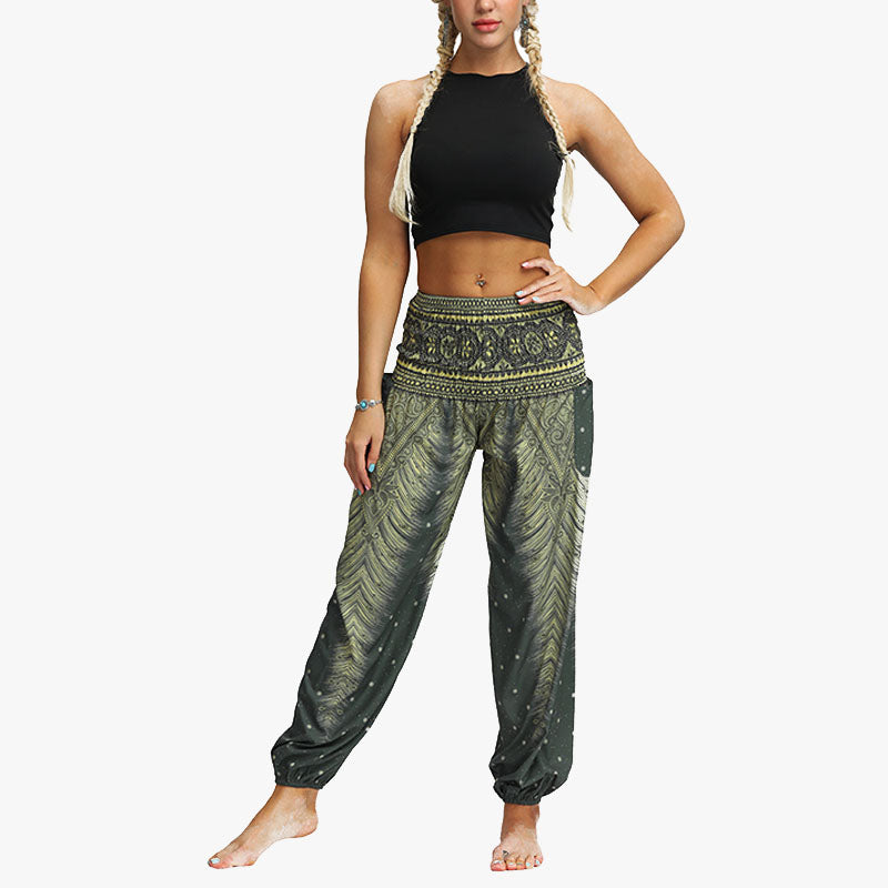 Buddha Stones Federdruck Hippie Baggy Hose Boho Hohe Taille mit Taschen Damen Yogahose