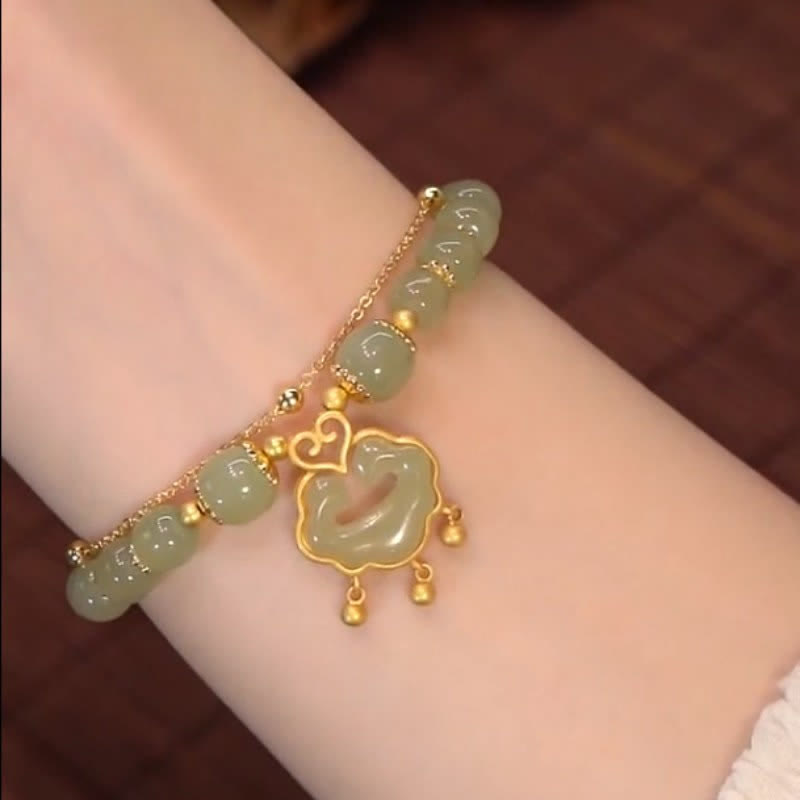 14K vergoldetes natürliches Hetian-Jade-Wunschschloss-Glockenkettenarmband