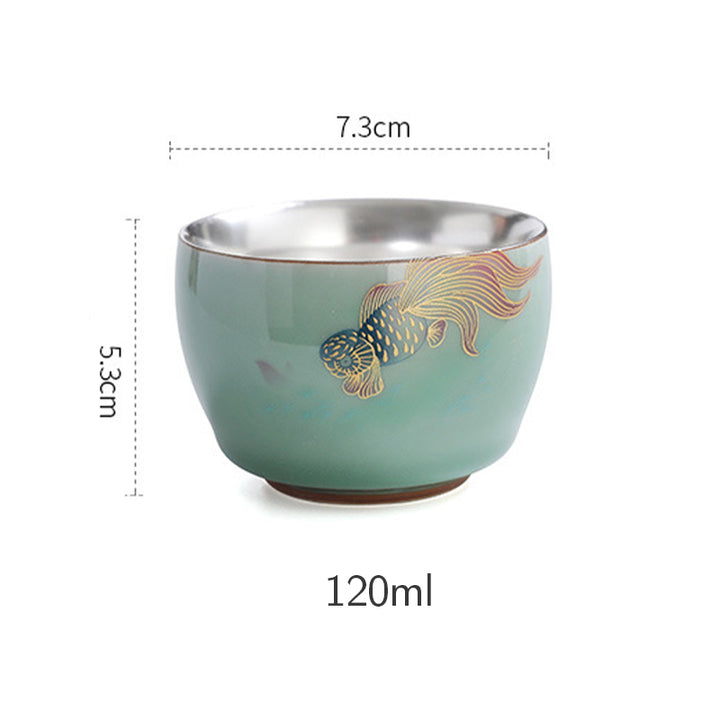 Buddha Stones 999 Sterling Silber Vergoldung Schmetterling Goldfisch Lotus Koi Fisch Keramik Teetasse Kung Fu Teetasse 120 ml