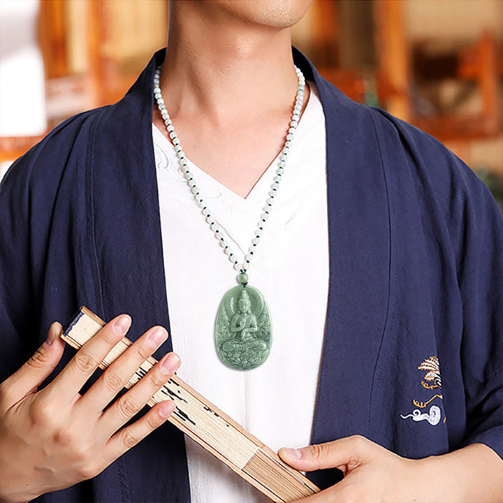 Buddha Stones Natürliche Jade Avalokitesvara Amulett Reichtum Halskette Anhänger