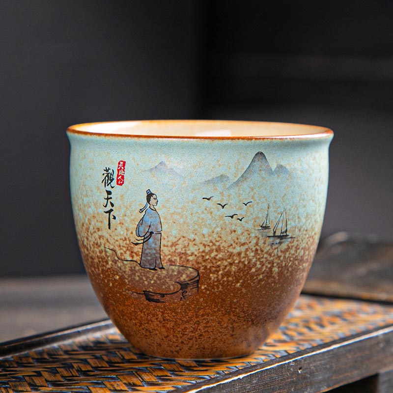 Buddha Stones, bunt, Hirsch, Pipa, Schnee, Pflaumenblüten, Berge, Flüsse, Vogel, Keramik-Teetasse, Kung-Fu-Teetasse, Schüssel