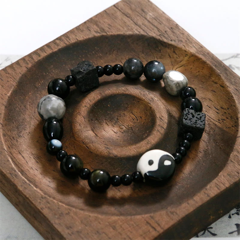 Buddha Stones Schwarzes Onyx-Picasso-Jaspis-Perlen-Yin-Yang-Glücksschutz-Armband