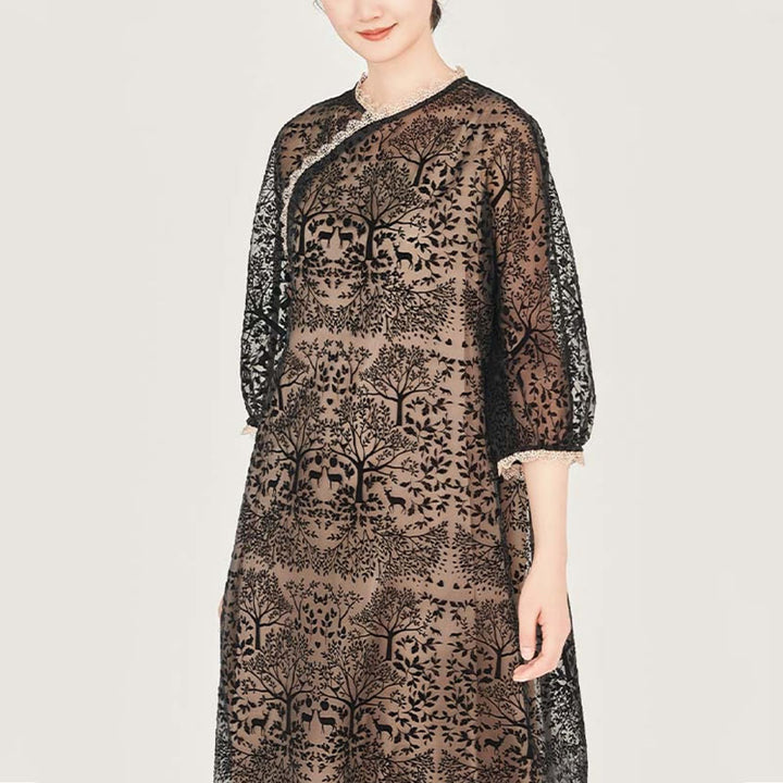 Buddha Stones 2-teiliges lässiges Cheongsam-Kleid mit Baummuster für Damen mit mittellangen Ärmeln