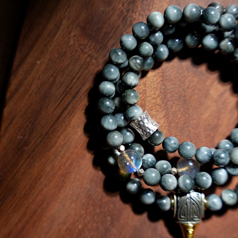 Buddha Stones 925 Sterling Silber 108 Mala Perlen Adlerauge Stein Mondstein Positives Armband