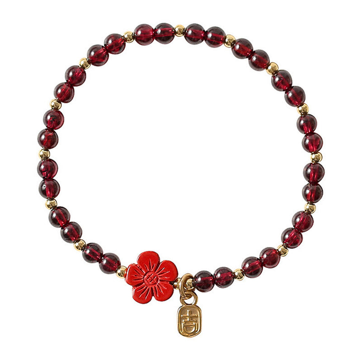 Buddha Stones 14K Gold Natürliches Granat-Zinnober-Blumen-Ruhe-Armband