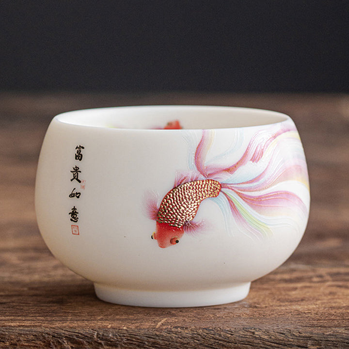 Buddha Stones Koi Fisch Weiß Porzellan-Keramik-Teetasse Kung-Fu-Teetasse