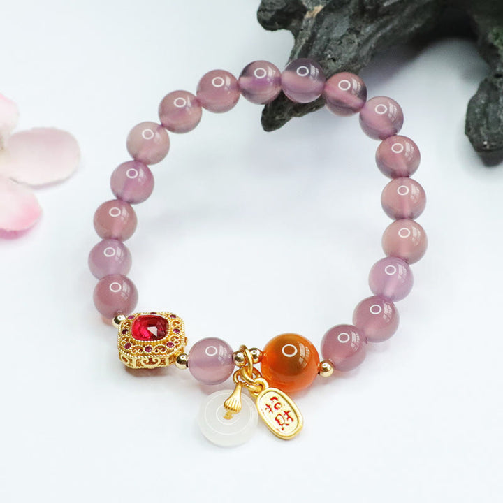 Charm-Armband mit Buddha Stonesn, natürlichem violettem Chalcedon, Bonbon-Achat, Friedensschnalle, Harmonie, Glück, Glück