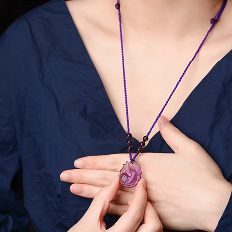 Buddha Stones Halskette mit Anhänger, natürlicher Amethyst, Weiß Kristall, Citrin, neunschwänziger Fuchs, Glücksbringer