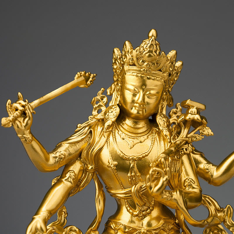 Vierarmige Manjusri Bodhisattva-Goldfigur, Mitgefühl, Gelassenheit, Kupferstatue, Heimdekoration