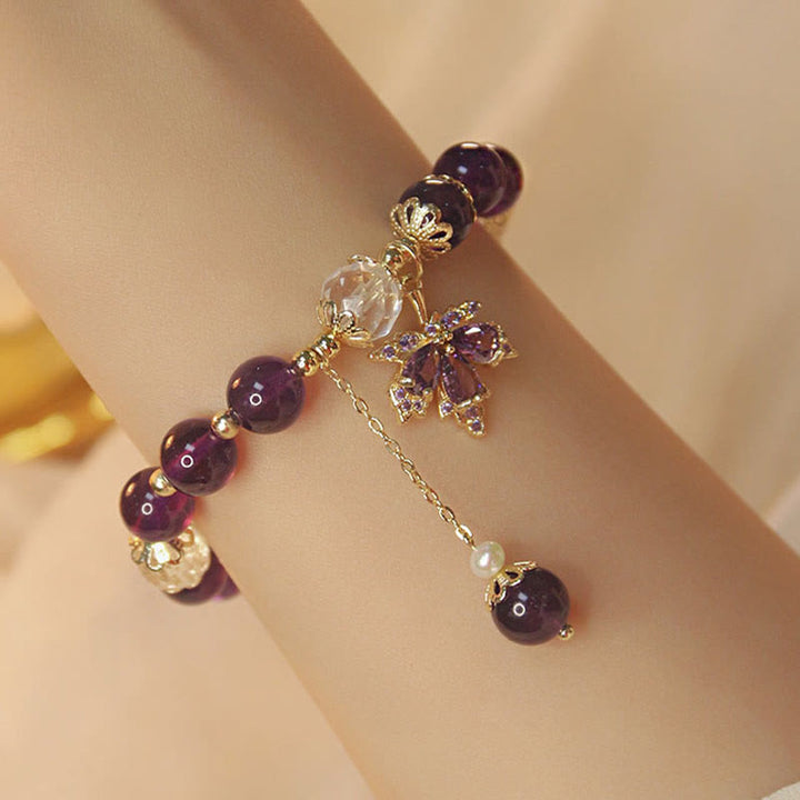 Buddha Stones 14 Karat vergoldetes natürliches Amethyst-Heilungs-Ahornblatt-Charm-Armband