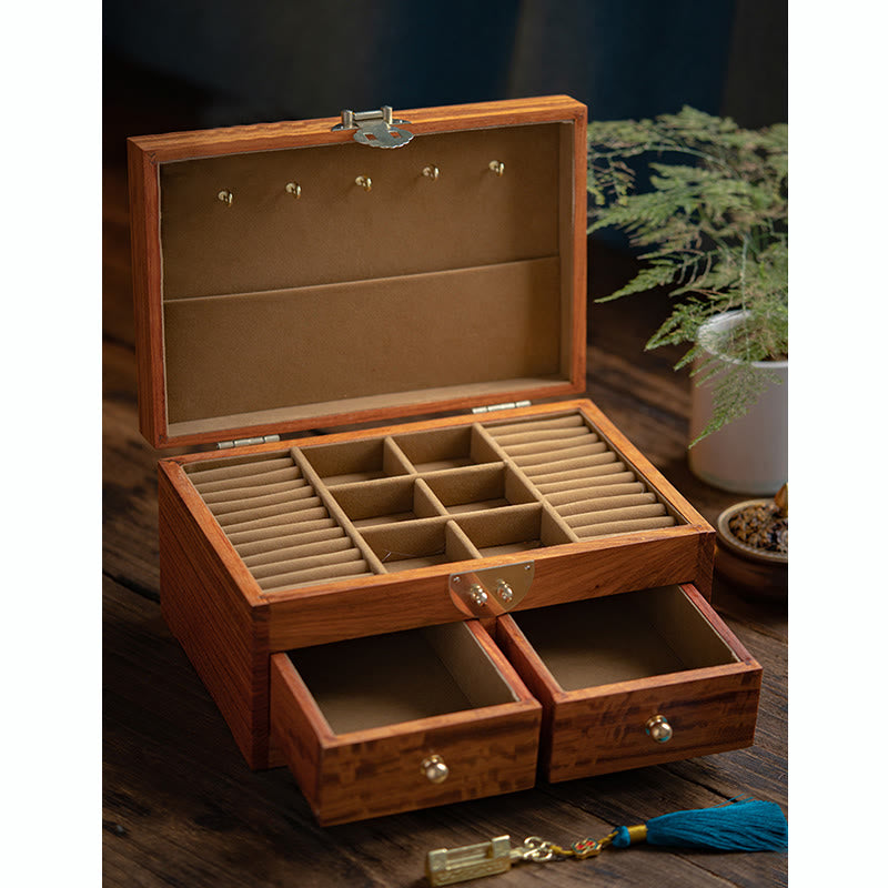 Antike handgefertigte Palisander-Schmuckaufbewahrungsbox, abschließbar, große doppellagige Blumen-Geschenk-Organizer-Box aus Holz