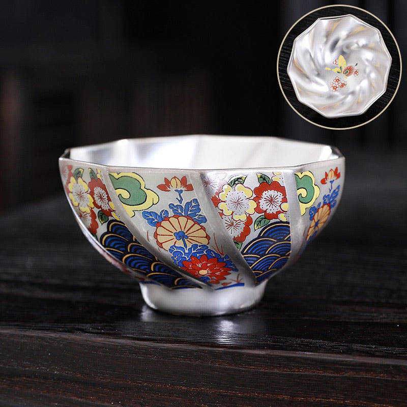 Buddha Stones 999 Sterling Silber Vergoldung Chrysanthemenblüten Keramik Teetasse Kung Fu Teetasse